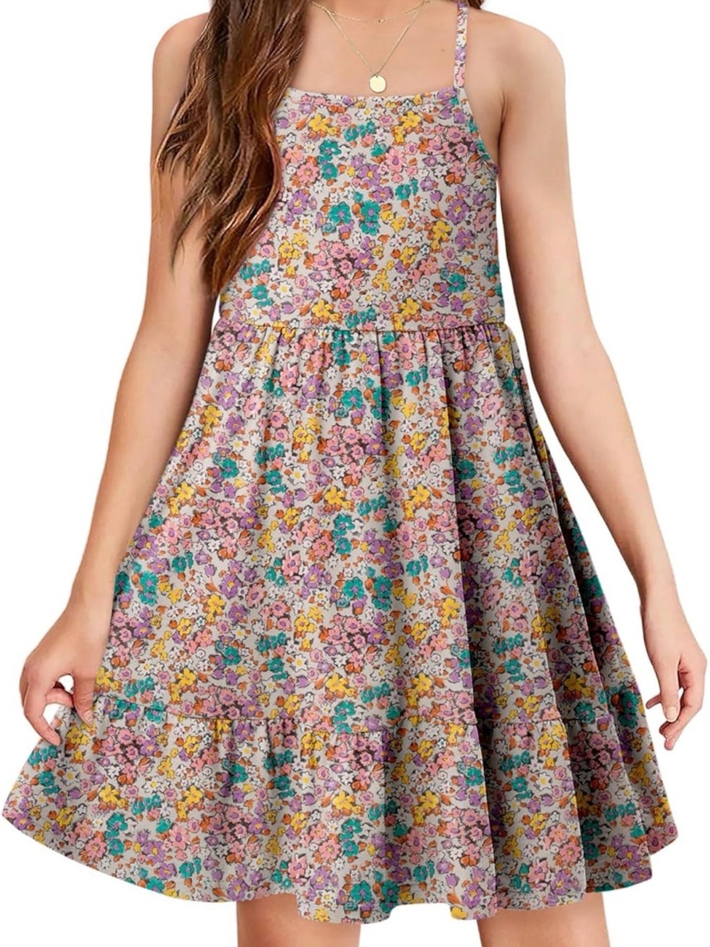 Girls Floral Spaghetti-Strap Casual Dress in Pink Multi